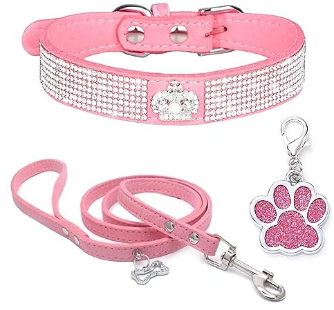 HALFSUMO Strass hundhalsband mjuk sammet läder halsband hundkoppel kombo set söt lyx diamantset bling justerbart valphalsband för små medelstora hundar katter rosa L