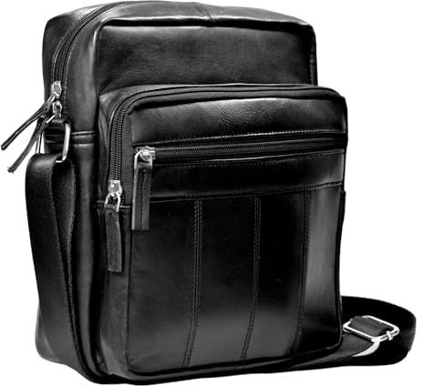 RAS Real Leather Cross Body Bag for Men & Women, Small Messenger Shoulder Bag with 4 Zip Compartments, Adjustable Strap, Travel Passport Tablet Pouch, Black #600