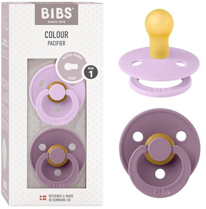 BIBS Colour Soother 2-Pack, BPA Free Dummy Pacifier, Round Nipple. Natural Rubber Latex, Made in Denmark, Size 1 (0-6 Months), Violet Sky/Mauve