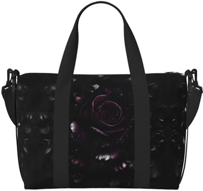 Kleine Reisetasche mit Gothic-Rosen-Druck, faltbar, Reisetasche, Wochenendtasche, Übernachtung, Fitnessstudio, Krankenhaus-Tasche für Damen und Herren, Schwarz, Einheitsgröße