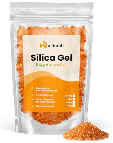 Wallbach® Gel de Silice Orange Régénérable 1 kg - Absorbant Efficace et Polyvalent Avec Indicateur - Sac Déshydratant