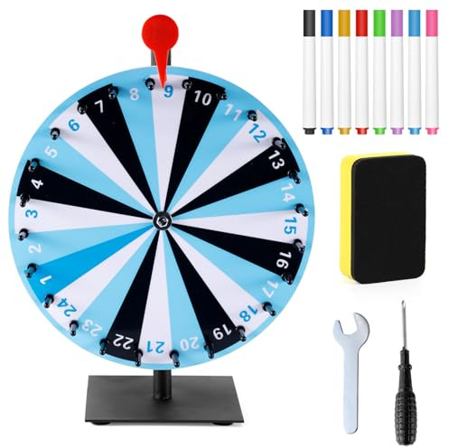 NQEUEPN Roue de Tirage au Sort Porte-Bonheur, 24 Emplacements Base Durable Roues Pivotantes Roue de Prix Roue de Roulette de Table Roue de Tombola pour Jeu de Fortune Jeu de Fête (Bleu)
