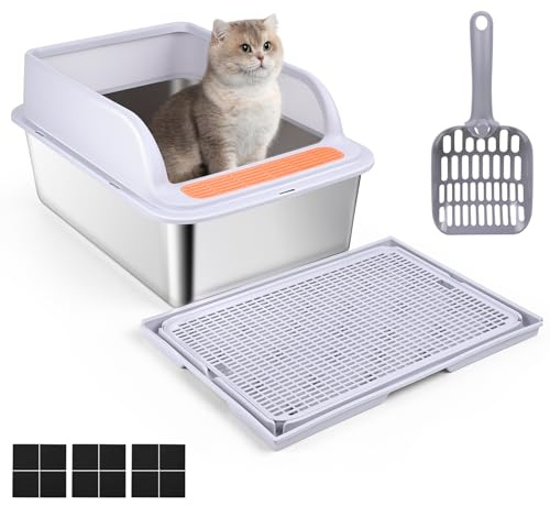 Lettiera Gatto Acciaio Inox, Banaone XL Toilette per Gatti, 20L Paletta Lettiera Gatto con Paletta in Metallo per Gatti di Piccola e Media Taglia, Antiaderente, Antiodore