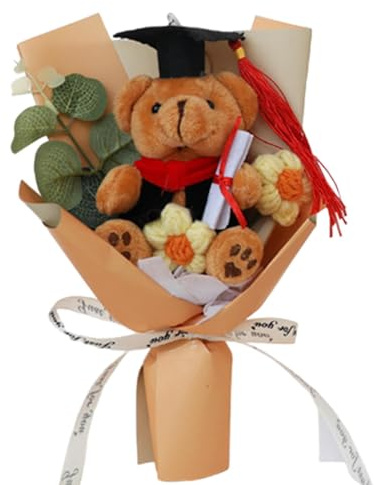 Generico Bouquet di fiori con orso di laurea, bouquet di fiori con di orso di laurea - di laurea fatto a mano - Elegante bouquet di fiori intrecciati in peluche per laureati