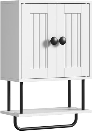 HOOBRO Bathroom Cabinet, Bathroom Wall Cabinet with Double Doors, Adjustable Shelves and Towel Bar, Wooden Storage Cupboard, Wall Mounted Towel Storage Organizer for Kitchen, White and Black
