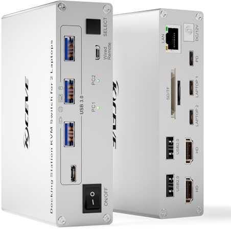 YOUTINGHDAV 15-in-1 USB C Docking Station KVM Switch 2 Notebook 2 Monitor 4K 60Hz, USB 3.0 KVM Switch 2 PC 2 Monitor USB C, Dual HDMI Out, 80W PD, 5 Gbps, Gigabit Ethernet, TF/SD, Wired Remote