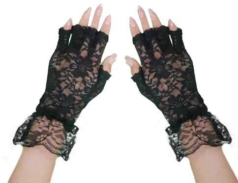 Black Lace Gloves,Women Short Elegant Lace Gloves,Half Finger Women's Ladies Vintage Floral Mesh Wedding Lace Glove Bridal & Prom Glove for Girls Evening Wedding & Tea Party Prom Cosplay Costume