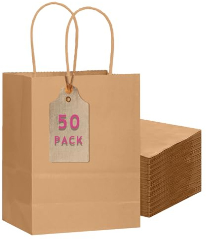 Gcardist Lot de 50 sacs cadeaux de taille moyenne en papier marron avec poignées – 10,6 × 8,3 × 4,3 pouces, petits sacs cadeaux de fête pour usages multiples