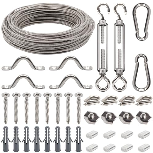 AMZSKU 15M 2mm de cable de acero, cable de alambre de acero inoxidable 304, cable de acero revestido con ojales, tensor, juego de cables de acero para enredaderas, para suspensión de cadena de luz