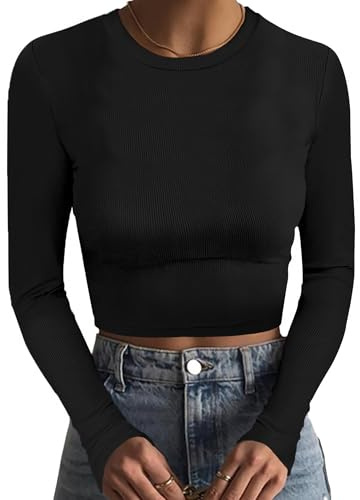DUOEASE Crop Top Mujer Slim-fit Cuello Crew Camiseta Manga Larga Mujer Elegant Top Costilla Negro-S
