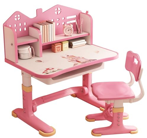 Wufuuoa Kids Functional Desk Chair Set,Study Desk for Kids with Castle Backboard,Height Adjustable Children Study Table,Widened Desktop,Storage Drawer,Student Writing Desks for Bedroom & Study Room