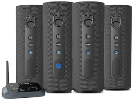 Avantree Harmony A1 – Sistema di altoparlanti wireless multi-room Auracast per musica, feste e riunioni in casa, 1 trasmettitore con 4 altoparlanti Bluetooth Auracast