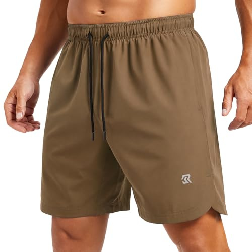 Men's Athletic Shorts 7 Inch Breathable Lightweight Gym Workout Running Shorts with Pockets Soft Quick Dry Fabric Khaki M