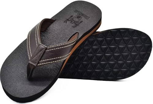 KuaiLu Flip Flops Herren Flach Weich Leder Bade Sandalen Comfy Breite Füße Badelatschen Yoga Schaum Sommer Strand Zehentrenner,Bräunen,44 EU