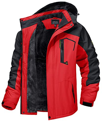 MAGCOMSEN Winterparka Herren Gefüttert Funktionsjacke Wasserdicht Skijacke Fleece Thermojacke Männer Atmungsaktiv Softshelljacke Winddicht Jacke für Winter Outdoor Sports Rot L