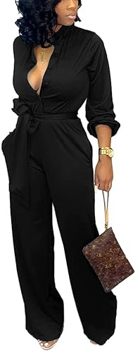 SxClub Black Jumpsuits for Women Dressy Sexy Elegant Long Sleeve Long Straight Pants Rompers Busineess with Pockets Button(Large)