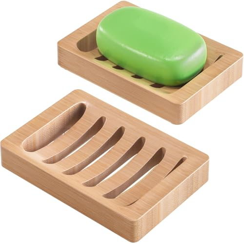 AmazerBath Soap Holder Soap Dish, Bamboo Soap Dish, 2 Pack Wood Bar Soap Holder for Shower, Trays Self Draining, Soap Saver for Shower, Bathroom, Kitchen(Natural Color)