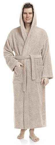 Arus Accappatoio da uomo con cappuccio, lunghezza alla caviglia, 100% cotone spugna, Beige, L-XL lunghe