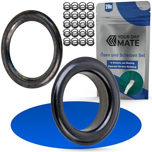 Ösen und Scheiben Set, Ø 8 mm innen, 20 Paare, in Silber-Schwarz, Messing, Kit ohne Zange, Ösen Scheiben für Plane, Bekleidung, Bastelarbeiten, Deko, DIY Tülle, Rundring Patches Kordel, Ösenscheiben