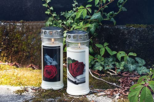 Jeka Kerzen Wochenbrenner - Motiv Grabkerze mit Deckel - Gedenkkerze - Grablaterne mit Motiv - Motiv Grableuchte - Grablicht mit langer Brenndauer von bis zu 7 Tagen (Motiv: Rose & Engel, 24)