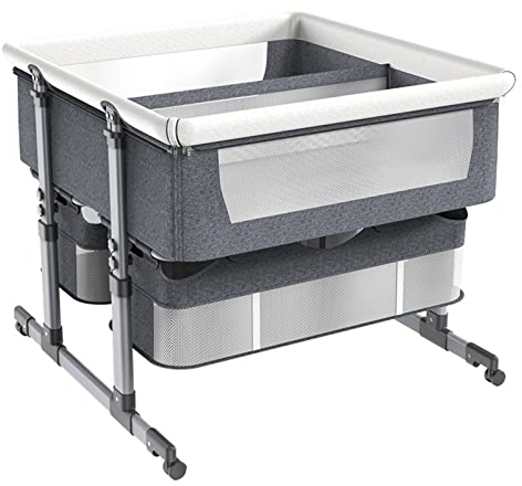 Beistellbett, Reisebett, Beistellbett, zusammenklappbares Reisebett mit 6-stufiger Höhenverstellung und geräuschlosem Universalrad für Zwillinge, grau