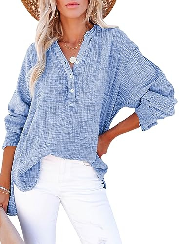 Dokotoo Womens Tops Fashion Cotton Long Sleeve Shirts for Women Summer Outfits Button V Neck Side Slit Blouses Work Office Dressy Casual Soft Loose Tunic Top Sky Blue 1X Large