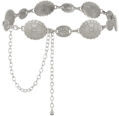 WHIPPY Damen Concho Kettengürtel taillenkette Türkis Taille Gürtel verstellbarer Metall Western Cowgirl Gürtel für Kleid，Silber 110cm