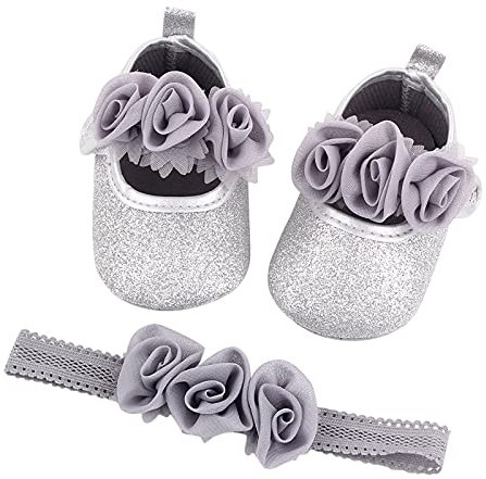 Scarpe da battesimo per bambina e bambine, 2 pezzi, con fascia per la testa, antiscivolo, morbide occasioni speciali, battesimi, matrimoni, feste, scarpe per gattonare, argento, 12