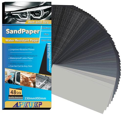 ALPXUXP Schleifpapier Set 48 Stück Nass und Trocken Profi Wasser Schmirgelpapier,für Auto|Metall|Holzmöbel|Stein|Lack|Glas,Körnung 120/180/240/400/600/800/1000/1200/1500/2000/3000/5000，23 x 9cm