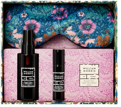 William Morris At Home Pillow Mist 50ml, Pulse Point Oil 10ml | Lavender Filled Velvet Eye Mask, Fragrance, Travel Size, Cruelty and Vegan Friendly, Beauty Gift