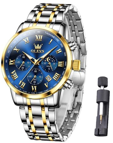 Raitown Herrenuhr Chronograph Mondphase, Edelstahl 41mm, Japanisches Quarz, Wasserdicht 3ATM, Elegante Klassische Uhr (Weiß, Schwarz, Blau)