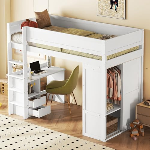 Moimhear Cama alta 90 x 200 cm, cama infantil multifuncional con armario, escritorio y cajones, cama juvenil, cama para adultos (blanco)
