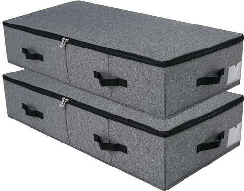 Omygarden Foldable Under Bed Storage Box with Plastic Support Liner, 6 Handles, Zipper Lid, Blankets Clothes Comforters Storage Bin Organizer for Bedroom and Closet, 90×42×18cm, Black Grey, 2PCS