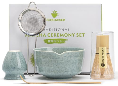 Ochcahser Matcha Set, Matcha Whisk Set Includes Matcha Bowl, Matcha Whisk Holder, Bamboo Matcha Whisk, Scoop and Matcha Sifter, 17 oz Mottled Blue Glaze Ceramic Matcha Kit for Tea Lovers