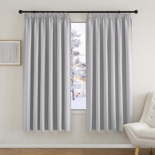 PONY DANCE Blackout Pencil Pleat Curtains, Silver Grey, W90 x L72 Inch | Thermal Insulated Curtains with Noise Reducing & Privacy, Luxury Soft Window Treatment for Bedroom & Living Room, 2 Panels