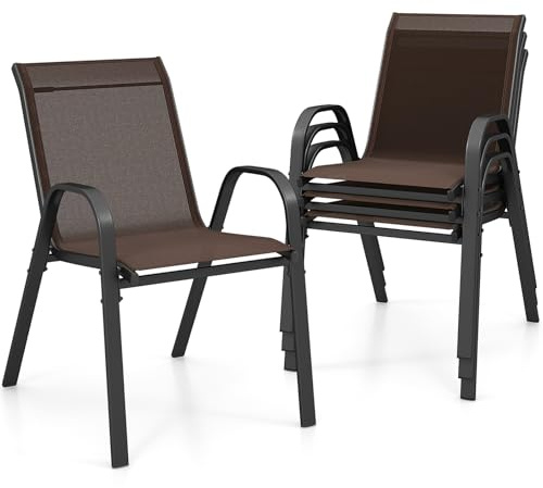 GYMAX Set di 2/4 Sedie da Giardino Impilabili con Tessuto Resistente alle Intemperie, Poltroncine da Esterno in Metallo per Giardino, Cortile, Portata 150 kg, 56 x 70 x 84 cm (Marrone, 4 Pezzi)