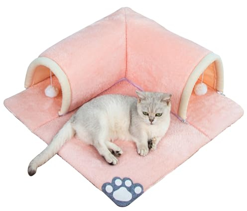 Lit tunnel pour chat 2 en 1 avec tapis, tube de jeu amovible pour chatons - Lavable - Tapis de grotte pour chaton avec balle - Tapis pour chat - 50 x 50 cm (rose)