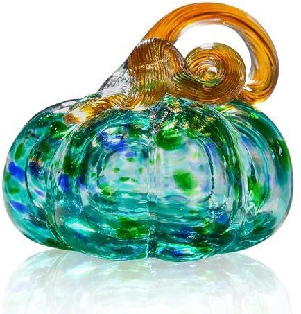 AOFEGRLT 3 Large Blown Glass Pumpkin Figurine Collectible Thanksgiving Fall Harvest Pumpkin Crystal Glass Paperweight Decorations for Home(Green)