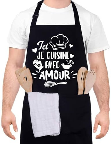 Halinuia Tablier de Cuisine Personnalisé pour Homme et Femme - 'Ici, Je Cuisine Avec Amour' - Étanche, Réglable, Professionnel, Noir, pour Barbecue