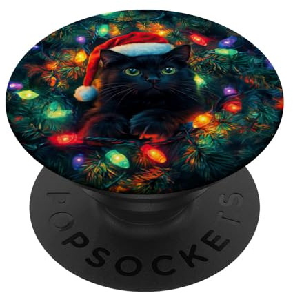 Cute Black Cat in Santa Hat with Christmas Lights PopSockets Adhesive PopGrip