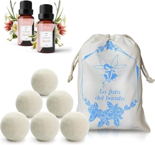 Palline Per asciugatrice di lana, 6 Palle Per Asciugatrice Antipiega e Cattura Peli Con 2 Oli Essenziali Talco, Palline Di Lana Per Asciugatrice Con Profumatore Per Il Bucato LUMINER