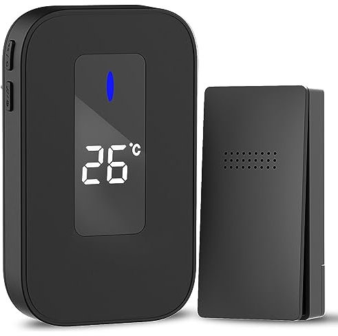 Campanello Senza Fili, HommyFine Campanello Wireless da Esterno con Termometro, Impermeabile IP44, Portata 150m con 38 Melodie per Casa, Ufficio, fabbriche e alberghi (Nero 1+1)