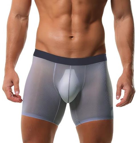 AIEOE boxershorts för män is silkestammen underkläder genomskinliga ihåliga underkläder spårlösa underbyxor ultratunna utbuktningspåse trosor, Grå-blå, M