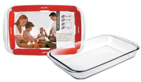 Fuente de vidrio rectangular 340x210x50 mm, ideal para servir platos, ensaladas y aperitivos en presentaciones elegantes.