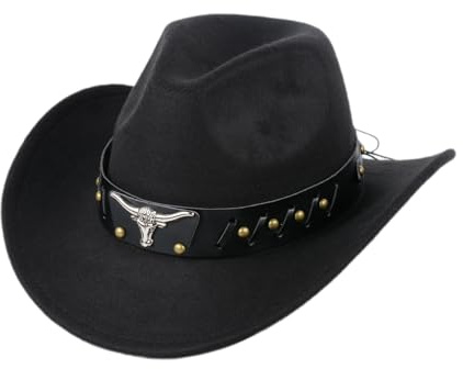 MYKAGS Cappello da cowboy da donna e uomo, cappello da cowboy western bordo ampio in feltro chinlon, cappello da cowboy, cappello da cowboy, cappello da festa, accessori fotografici, nero