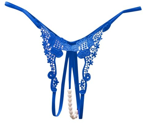 Culotte Ouverte Basse Taille Perles Sous-vêtements de Massage Transparents String Érotique avec Ceinture Fine Tanga Perles Massantes Ouvert String Dentelle Brodée Culotte Fine Transparente Bleu