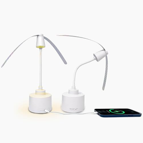 Tech Fly Fan 2 Pack with 5000mAh Power Bank & Built-in Table Lamp | Fly Repeller Fan | Adjustable Goose Neck, Reflective Blades & Hanging Hook | Indoor Outdoor Bug-Free Comfort