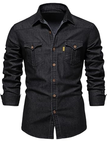 Morbuy Camicia Jeans Uomo, Camicia Nera Uomo Cotone Manica Lunga vestibilità Regolare Camicie Uomo con Tasca Ideale per Casual e da Lavoro