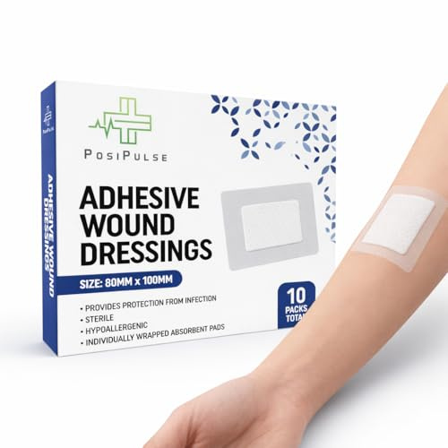 Posi Pulse 80mm x 100mm Adhesive Wound Dressings - 10 Packs for Protection from Infection, Sterile Individually Wrapped, Hypoallergenic, Breathable, Absorbent for Cuts, Grazes, Ulcers, Sores