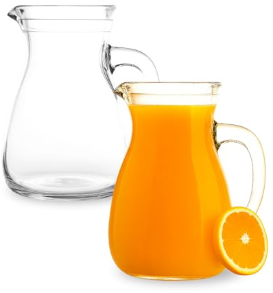 Virsus 2 Caraffe da Tavola in Vetro da 1 Litro, Misura 12x17 cm, Brocca trasparente con Manico e Beccucio Antigoccia, adatta per acqua, succo, bevande, Lavabile in lavastoviglie -8490F -1,5